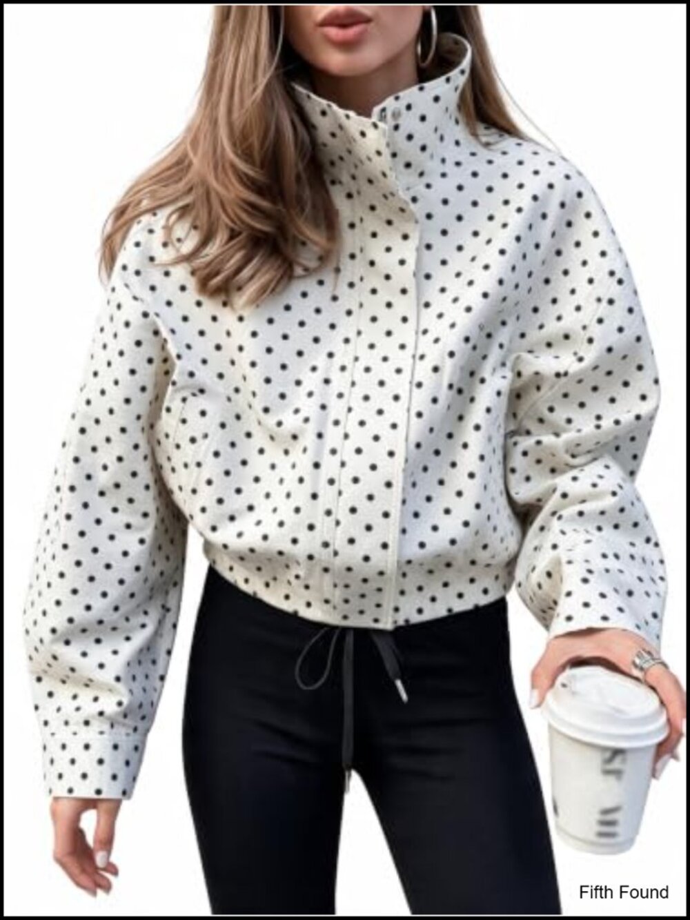 Funnel Neck Polka Dot Cropped Casual Jacket
